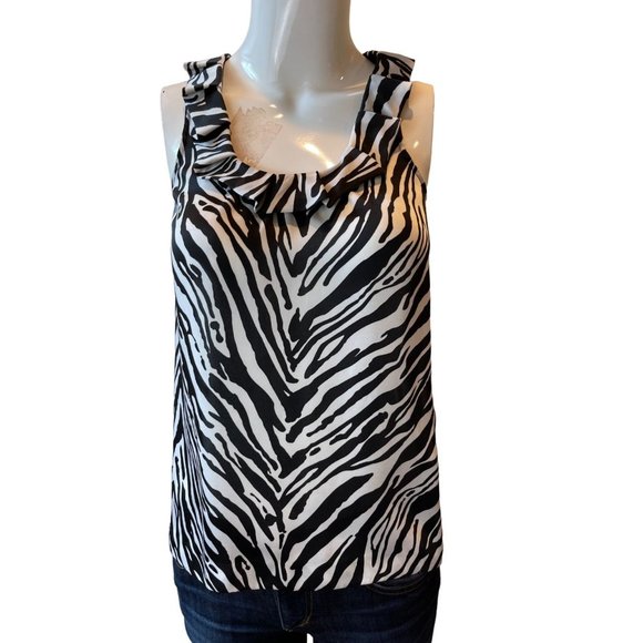 Express Womens Zebra Print Blouse Top Racerback Ruffle Neck Black White Size XS - Picture 1 of 6